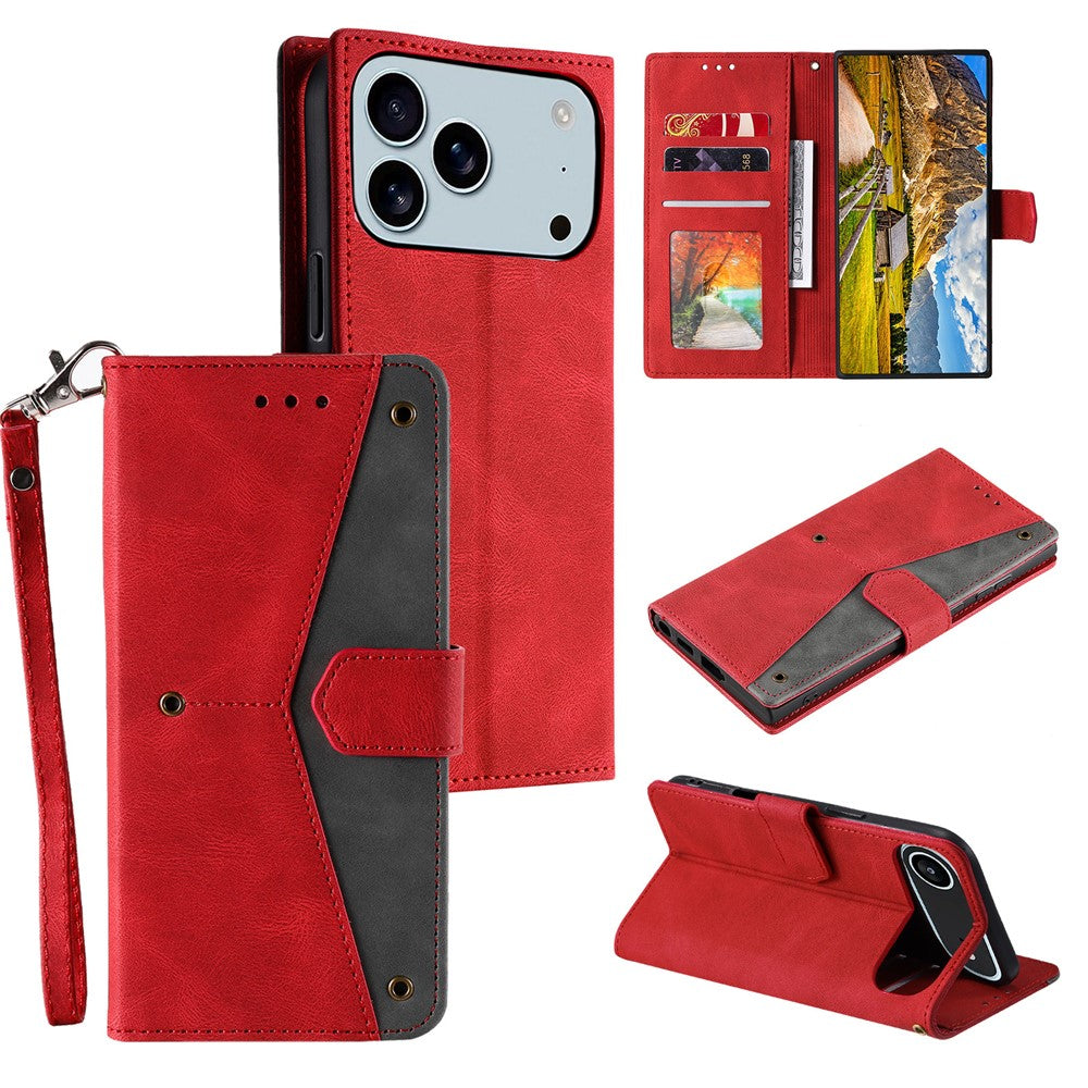 For iPhone 17 Pro Max Leather Case Splicing Stitching Wallet Phone Cover with Wrist Strap - Red
