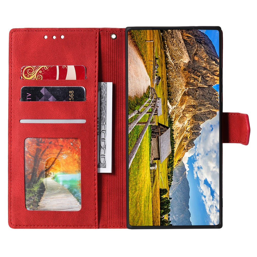For iPhone 17 Pro Max Leather Case Splicing Stitching Wallet Phone Cover with Wrist Strap - Red