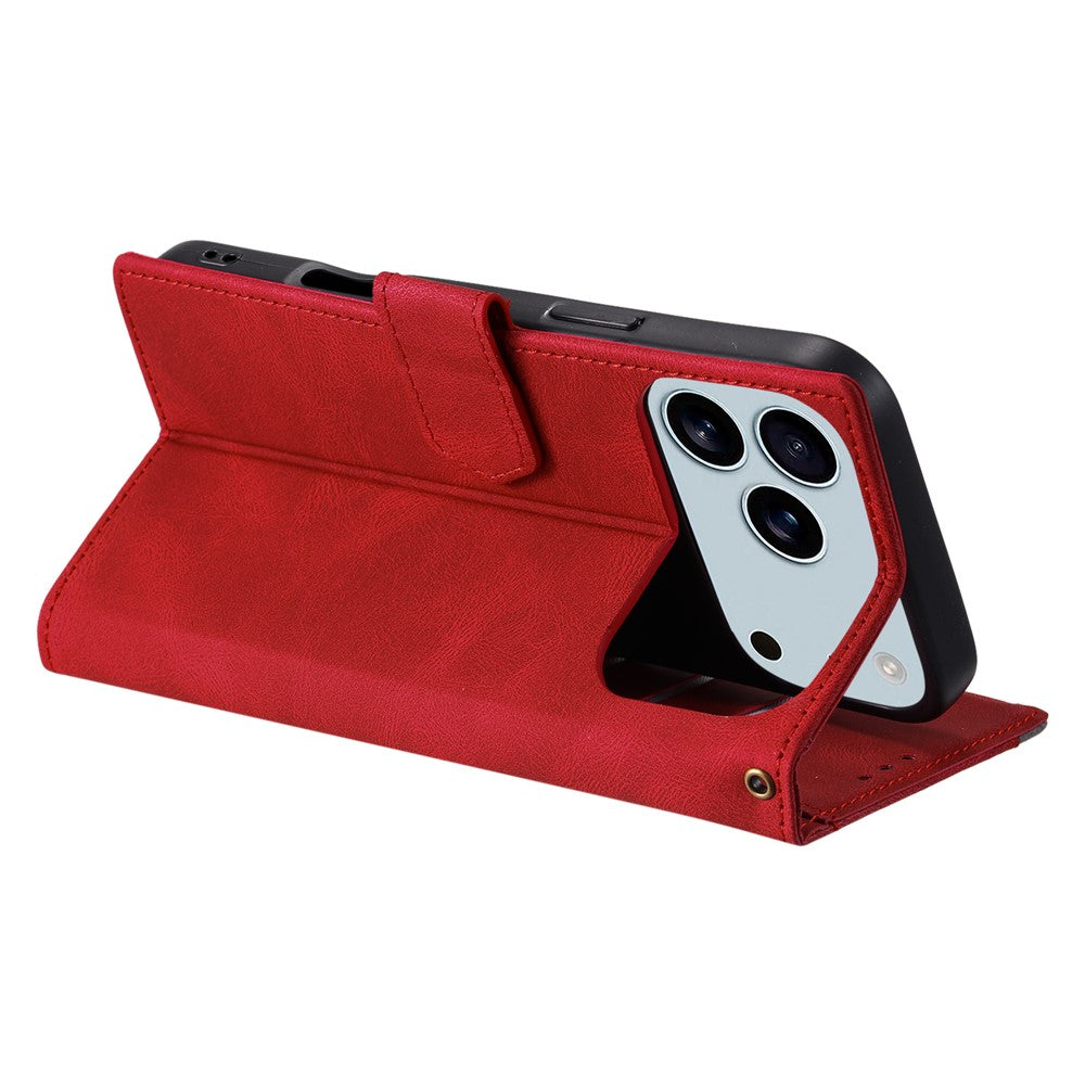 For iPhone 17 Pro Max Leather Case Splicing Stitching Wallet Phone Cover with Wrist Strap - Red