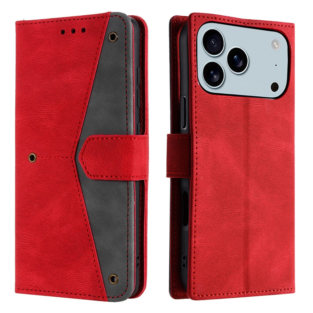 For iPhone 17 Pro Max Leather Case Splicing Stitching Wallet Phone Cover with Wrist Strap - Red