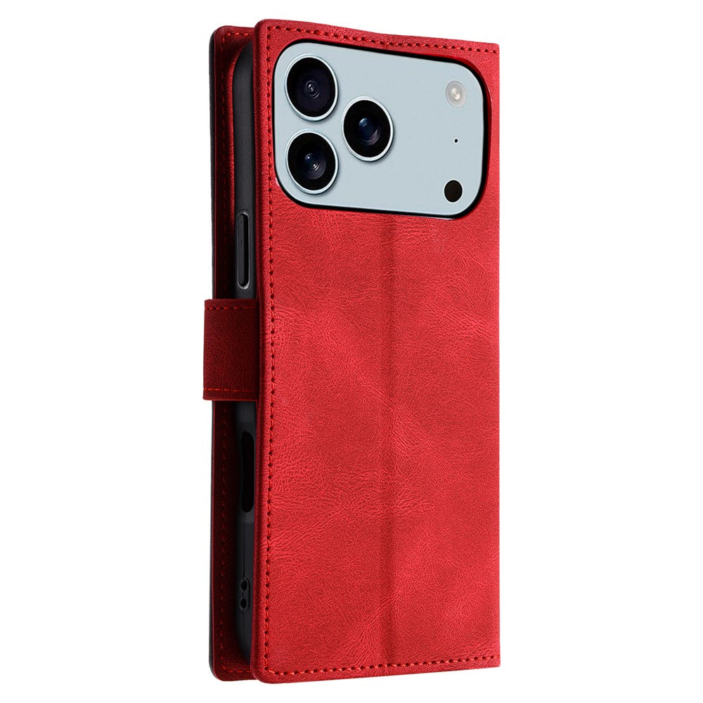 For iPhone 17 Pro Max Leather Case Splicing Stitching Wallet Phone Cover with Wrist Strap - Red