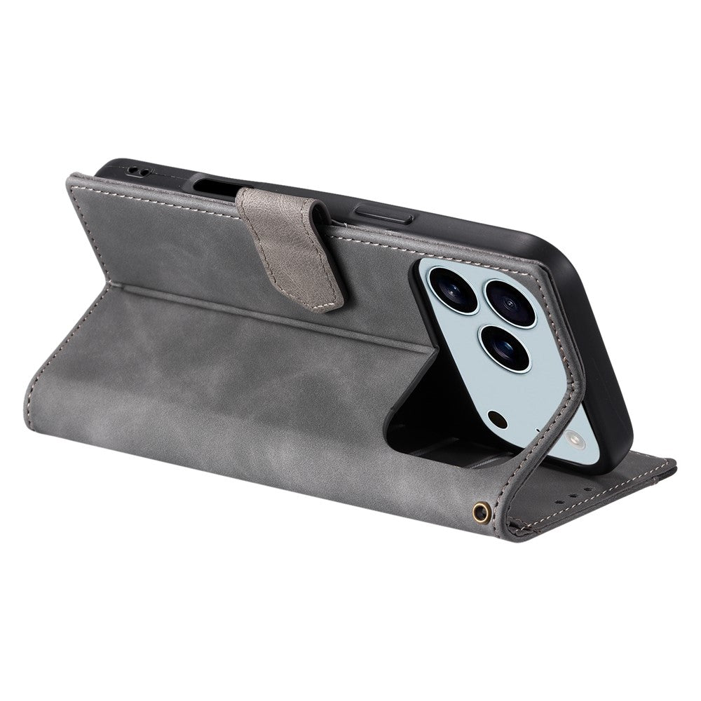 For iPhone 17 Pro Max Leather Case Splicing Stitching Wallet Phone Cover with Wrist Strap - Grey