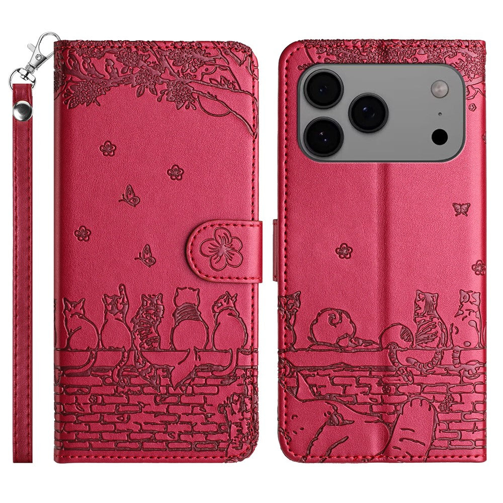 For iPhone 17 Pro Max Case with Wrist Strap Leather Phone Cover Wall Cats Pattern - Red