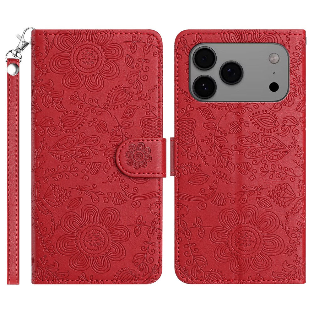 For iPhone 17 Pro Max Case Flower Imprint Leather Flip Wallet Phone Cover with Wrist Strap - Red