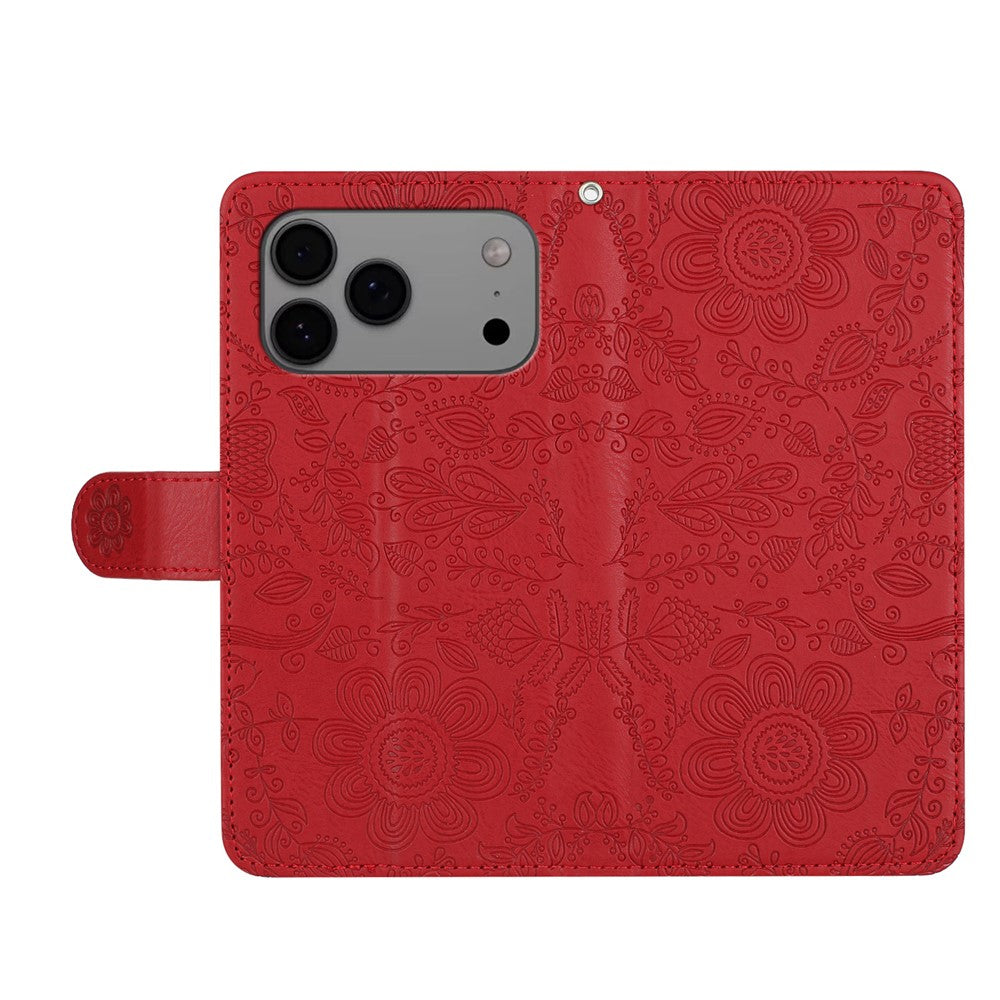 For iPhone 17 Pro Max Case Flower Imprint Leather Flip Wallet Phone Cover with Wrist Strap - Red