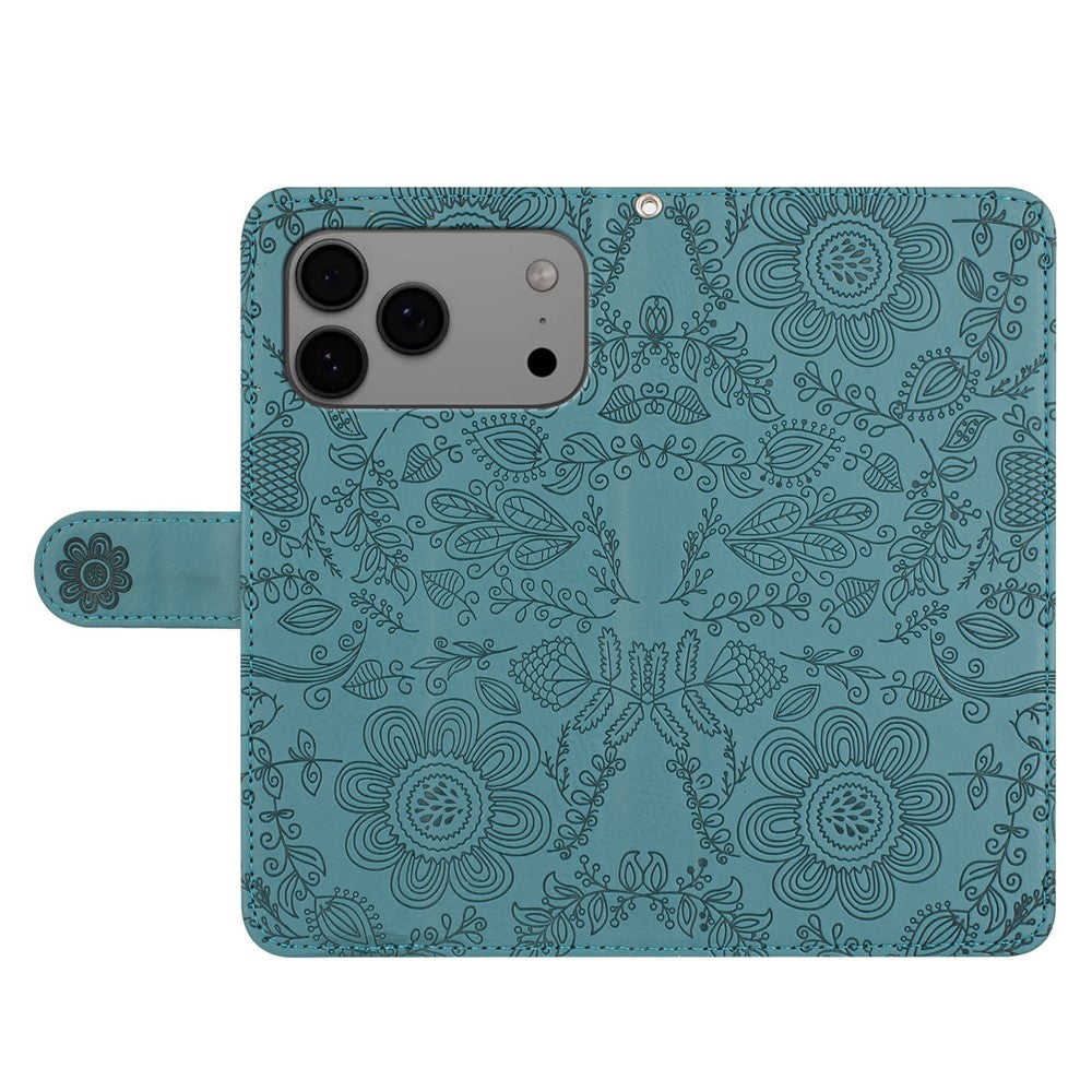 For iPhone 17 Pro Max Case Flower Imprint Leather Flip Wallet Phone Cover with Wrist Strap - Blackish Green