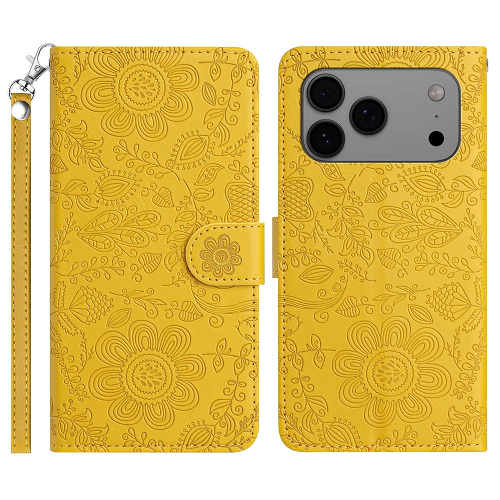 For iPhone 17 Pro Max Case Flower Imprint Leather Flip Wallet Phone Cover with Wrist Strap - Yellow