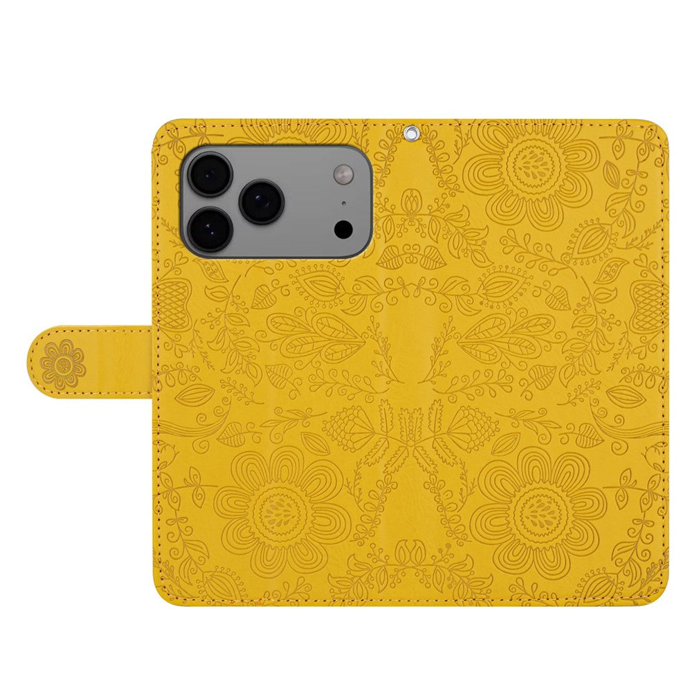 For iPhone 17 Pro Max Case Flower Imprint Leather Flip Wallet Phone Cover with Wrist Strap - Yellow