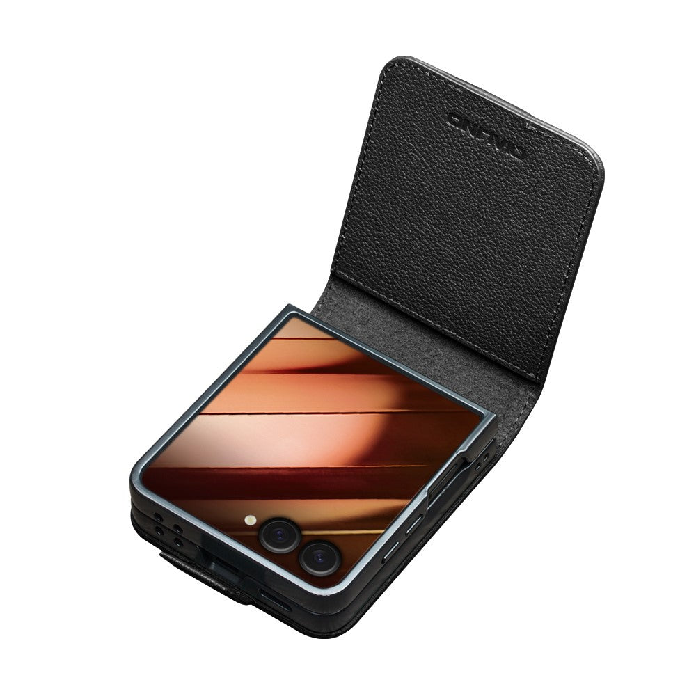 QIALINO For Samsung Galaxy Z Flip7 5G Case Card Holder Genuine Cow Leather Phone Cover - Black
