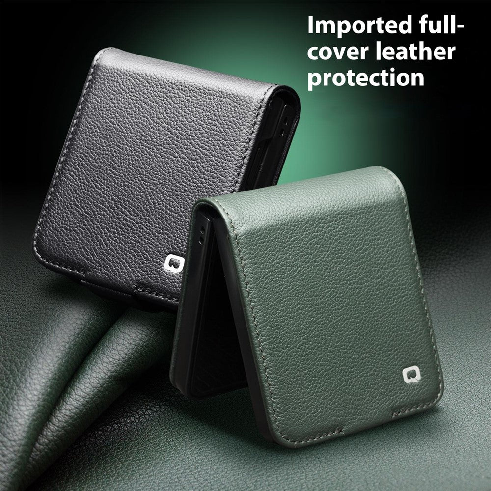QIALINO For Samsung Galaxy Z Flip7 5G Case Card Holder Genuine Cow Leather Phone Cover - Black