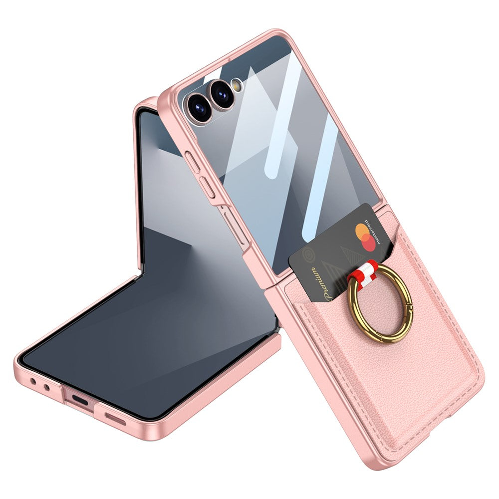 GKK For Samsung Galaxy Z Flip7 5G Case with Ring Kickstand / Card Holder PC + Tempered Glass Phone Back Cover - Pink