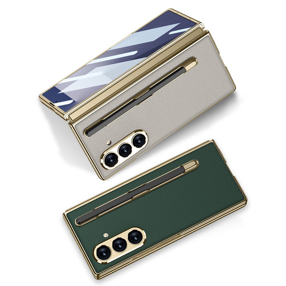 GKK For Samsung Galaxy Z Fold7 5G Case with Stylus Slot Electroplating PU PC Tempered Glass Phone Cover - Titanium Grey