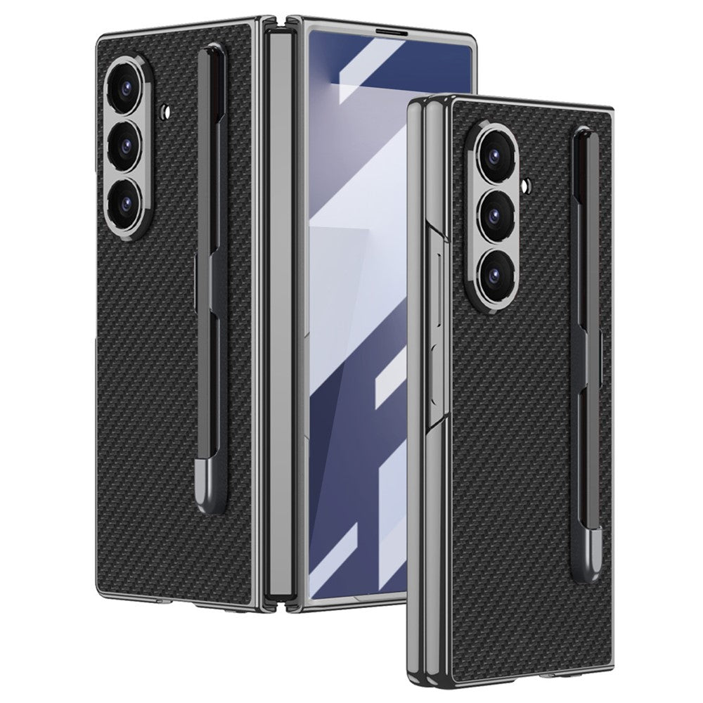 GKK For Samsung Galaxy Z Fold7 5G Case with Stylus Slot Electroplating PU PC Tempered Glass Phone Cover - Carbon Fiber Texture
