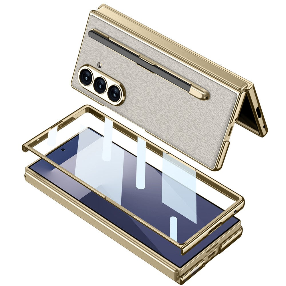 GKK For Samsung Galaxy Z Fold7 5G Case with Stylus Slot Electroplating PU PC Tempered Glass Phone Cover - Carbon Fiber Texture