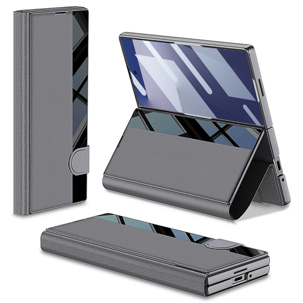 GKK For Samsung Galaxy Z Fold7 5G Stand Case PC + PU Leather Flip Phone Cover with Screen Film - Grey