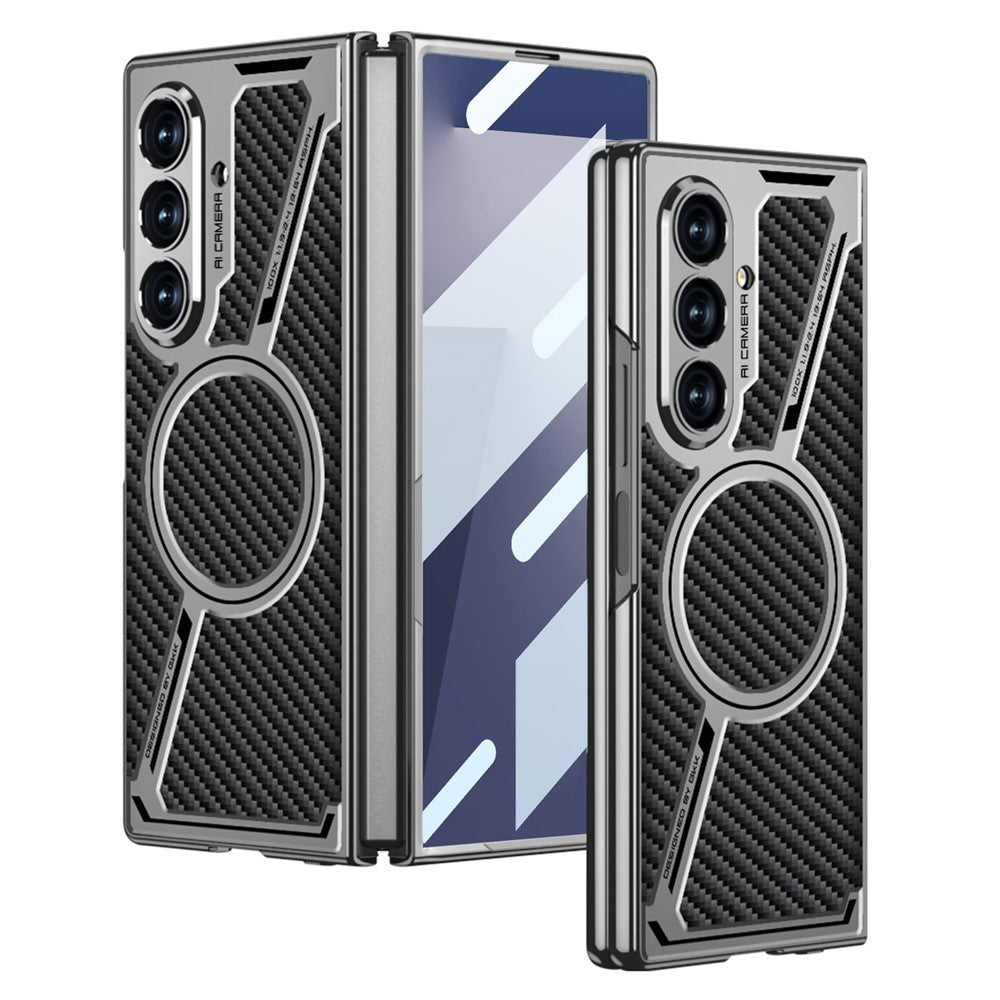 GKK For Samsung Galaxy Z Fold7 5G Magnetic Case PU Leather + PC Phone Cover with Front Screen Protector - Grey - Carbon Fiber Texture