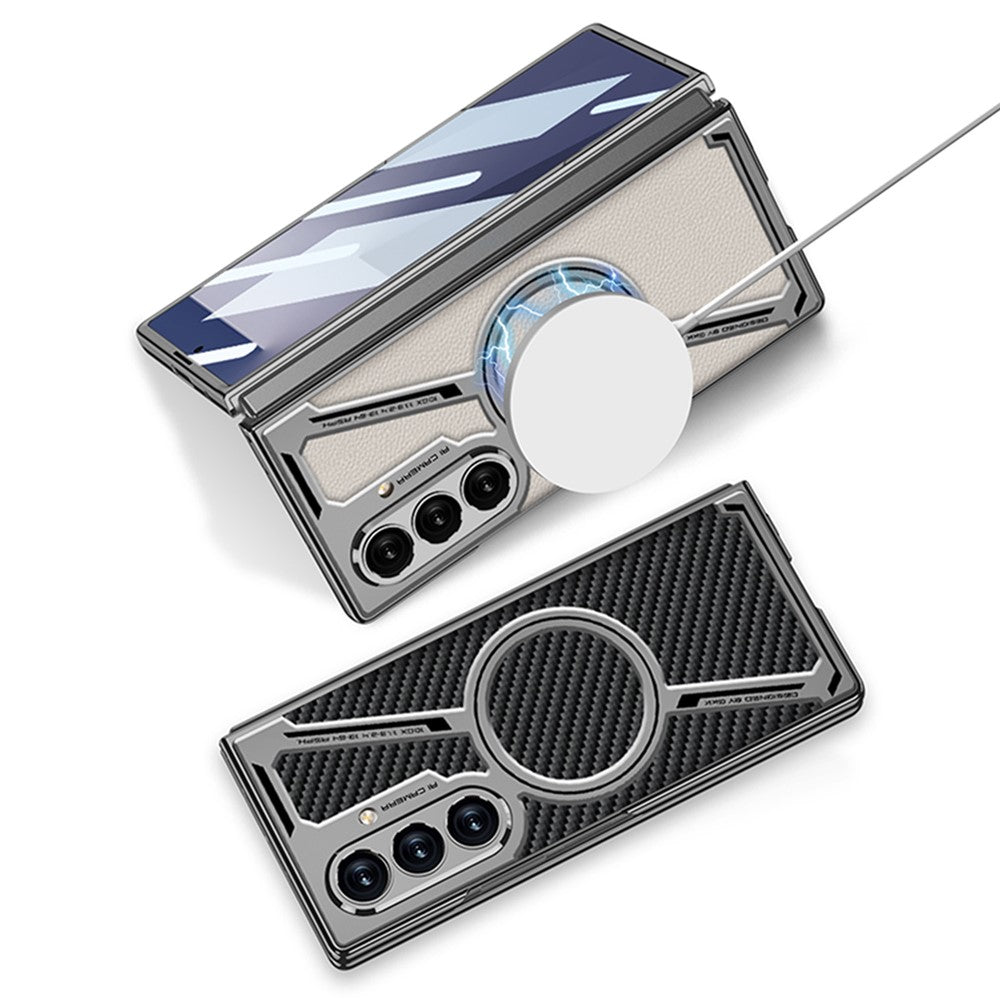 GKK For Samsung Galaxy Z Fold7 5G Magnetic Case PU Leather + PC Phone Cover with Front Screen Protector - Grey - Carbon Fiber Texture