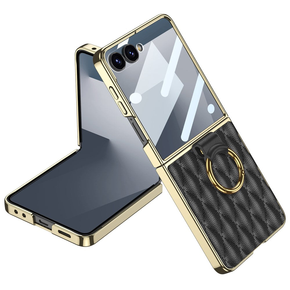 GKK For Samsung Galaxy Z Flip7 5G Case Rhombic Pattern PU Leather Back Cover with Ring Holder / Small Screen Film - Black