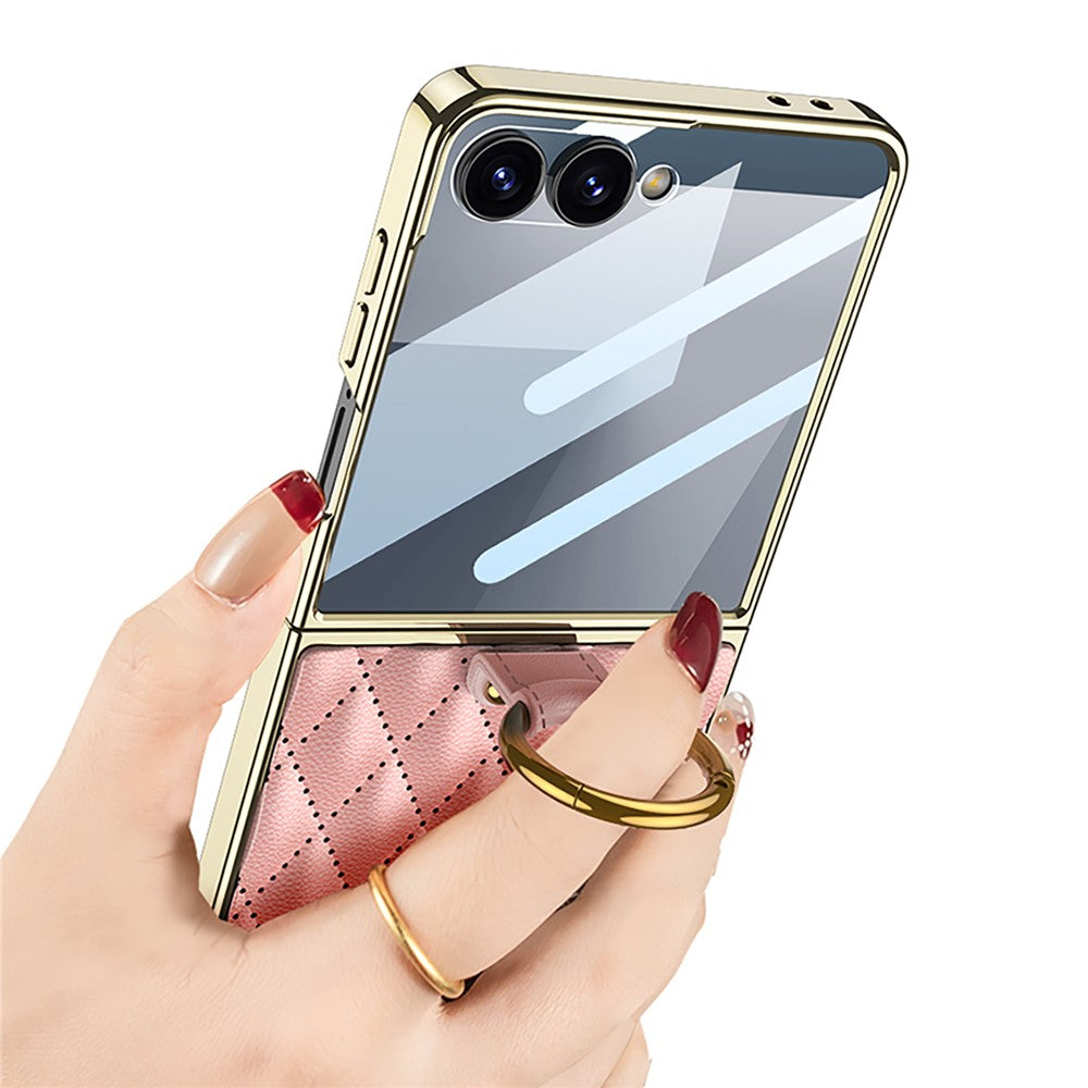 GKK For Samsung Galaxy Z Flip7 5G Case Rhombic Pattern PU Leather Back Cover with Ring Holder / Small Screen Film - Black