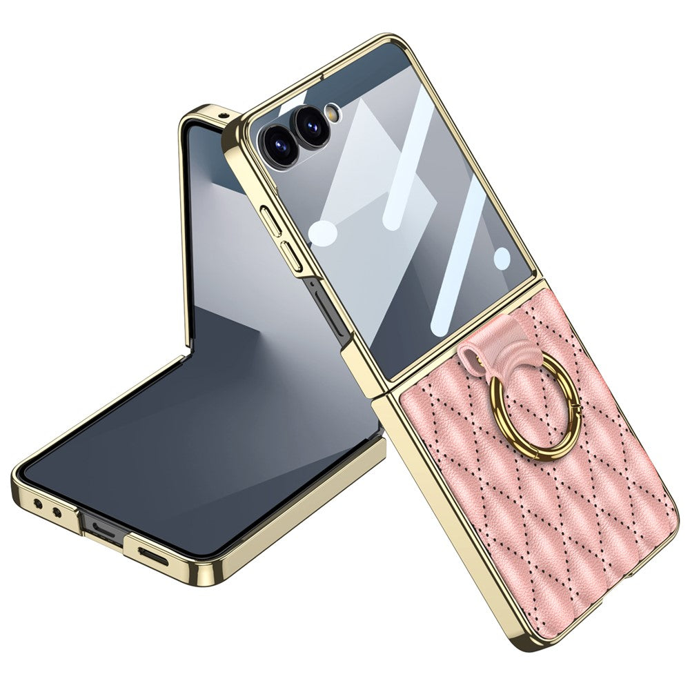 GKK For Samsung Galaxy Z Flip7 5G Case Rhombic Pattern PU Leather Back Cover with Ring Holder / Small Screen Film - Pink