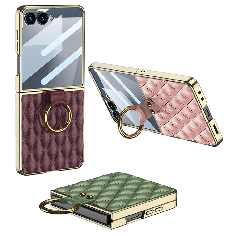 GKK For Samsung Galaxy Z Flip7 5G Case Rhombic Pattern PU Leather Back Cover with Ring Holder / Small Screen Film - Light Green