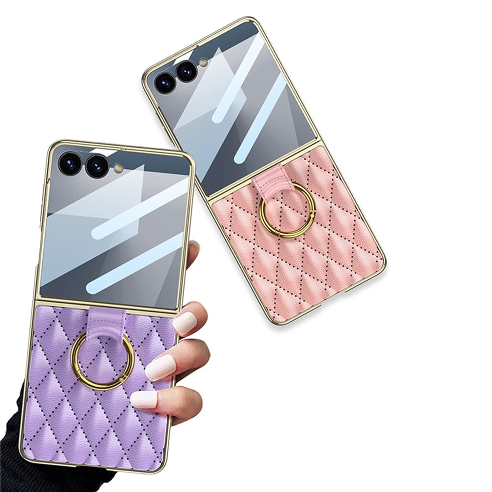 GKK For Samsung Galaxy Z Flip7 5G Case Rhombic Pattern PU Leather Back Cover with Ring Holder / Small Screen Film - Purple