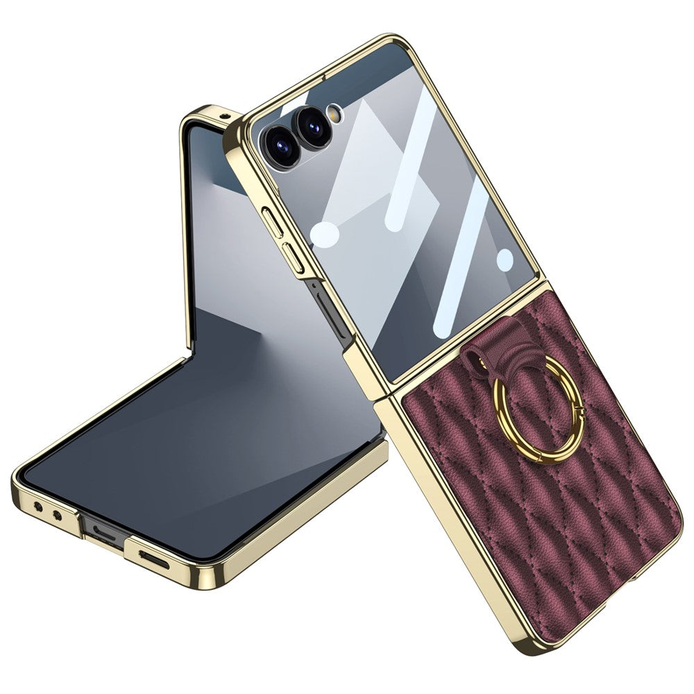 GKK For Samsung Galaxy Z Flip7 5G Case Rhombic Pattern PU Leather Back Cover with Ring Holder / Small Screen Film - Wine Red