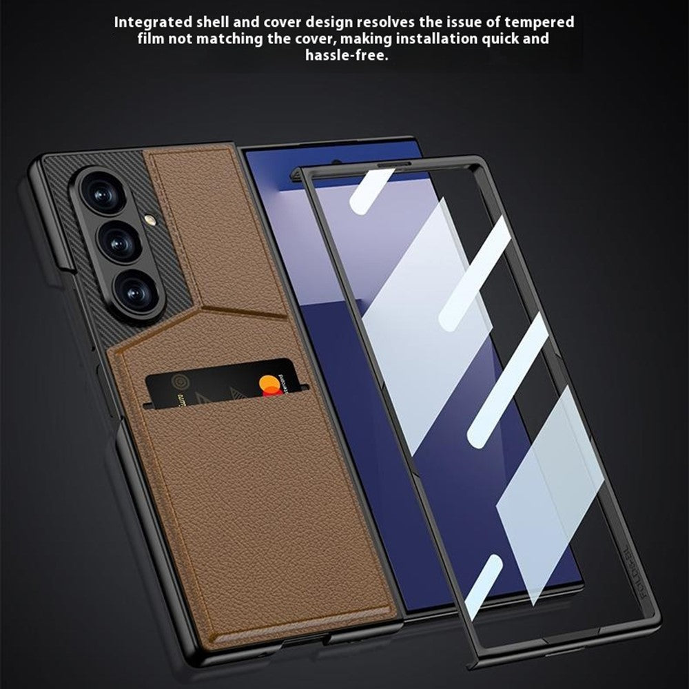 GKK For Samsung Galaxy Z Fold7 5G Case PC + PU Leather Phone Cover with Card Holder Kickstand, Screen Film - Carbon Fiber Texture