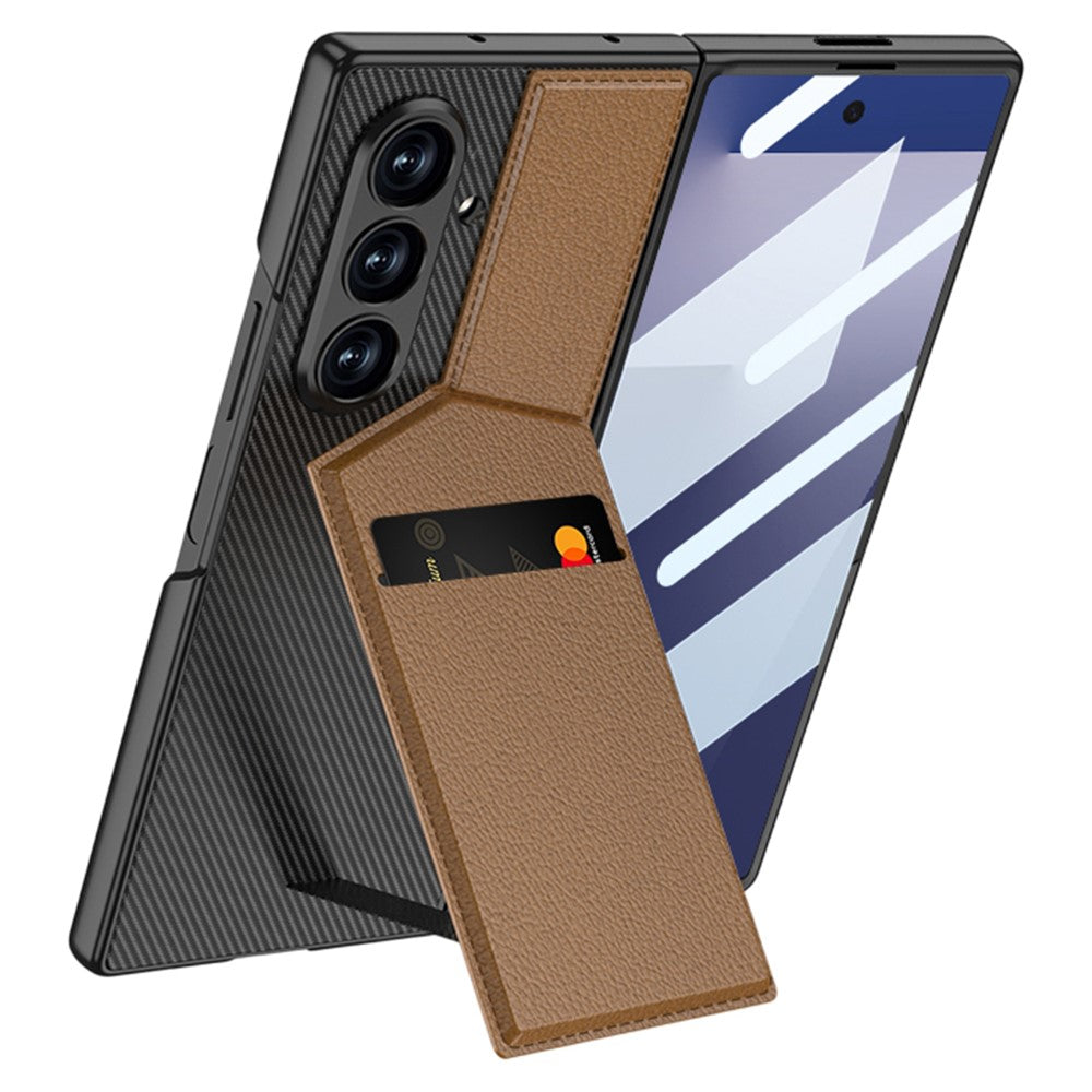 GKK For Samsung Galaxy Z Fold7 5G Case PC + PU Leather Phone Cover with Card Holder Kickstand, Screen Film - Coffee