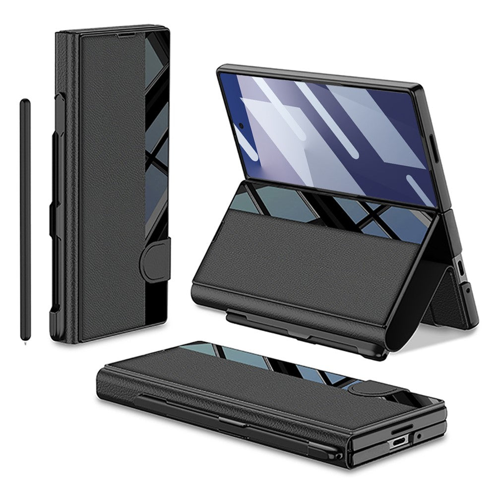 GKK For Samsung Galaxy Z Fold7 5G Stand Case Pen Slot PC + PU Leather Flip Phone Cover with Screen Film - Black