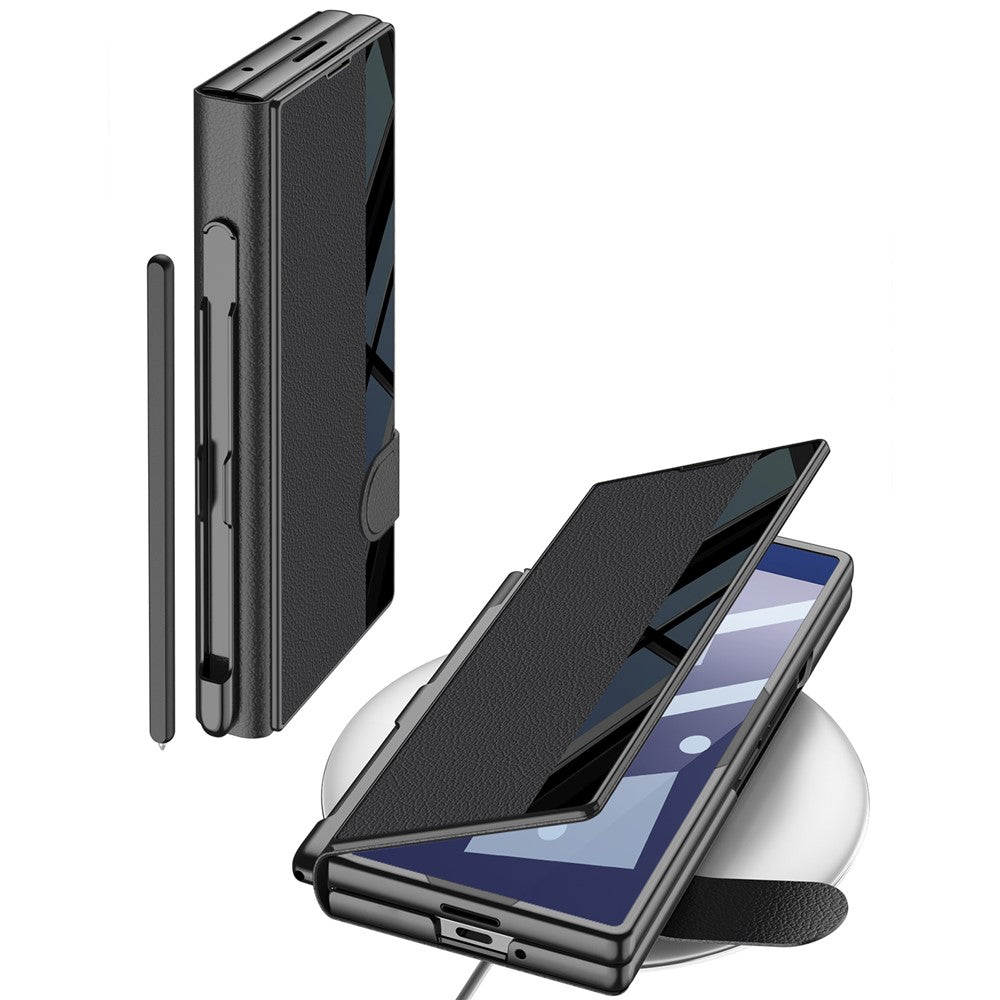 GKK For Samsung Galaxy Z Fold7 5G Stand Case Pen Slot PC + PU Leather Flip Phone Cover with Screen Film - Grey