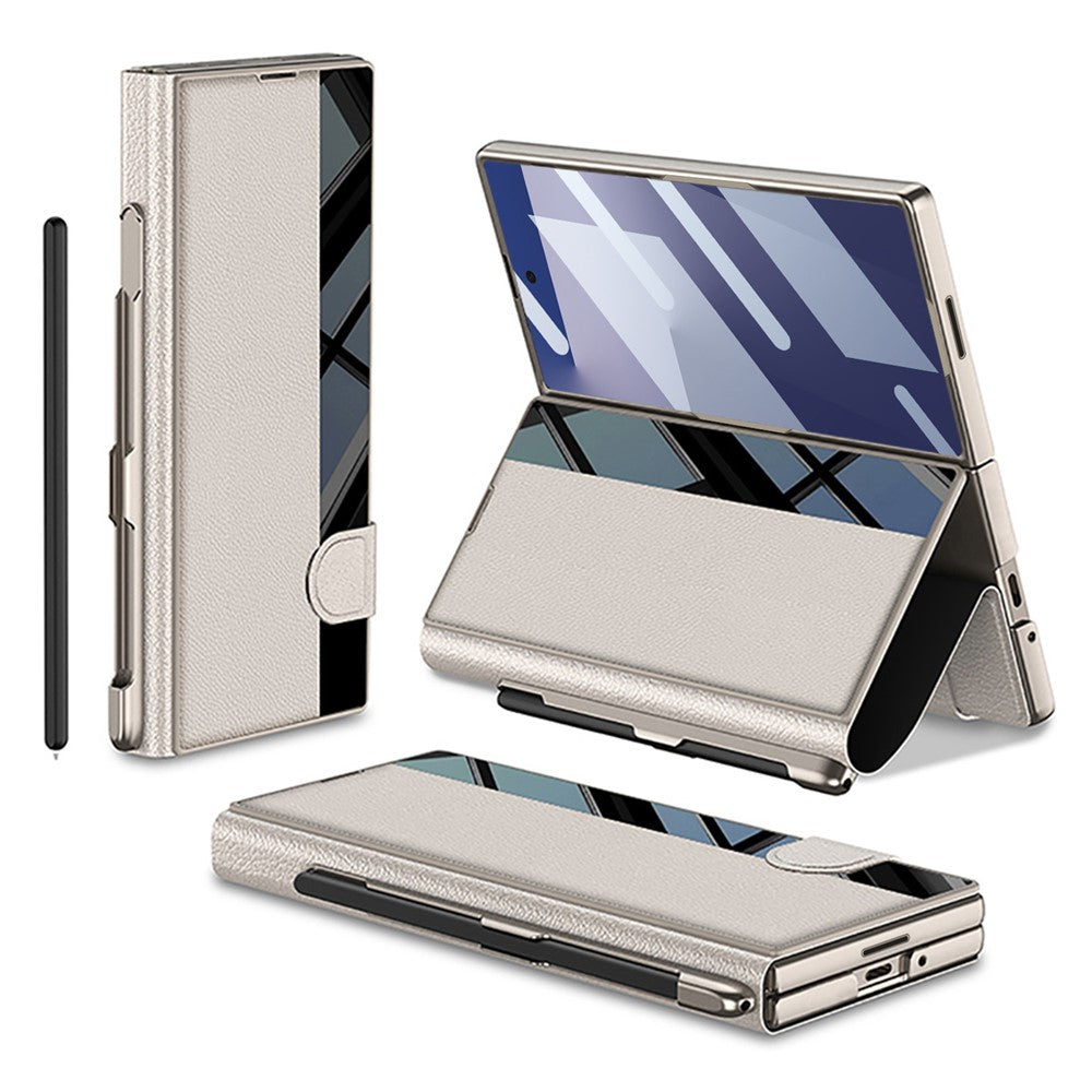 GKK For Samsung Galaxy Z Fold7 5G Stand Case Pen Slot PC + PU Leather Flip Phone Cover with Screen Film - Titanium Grey