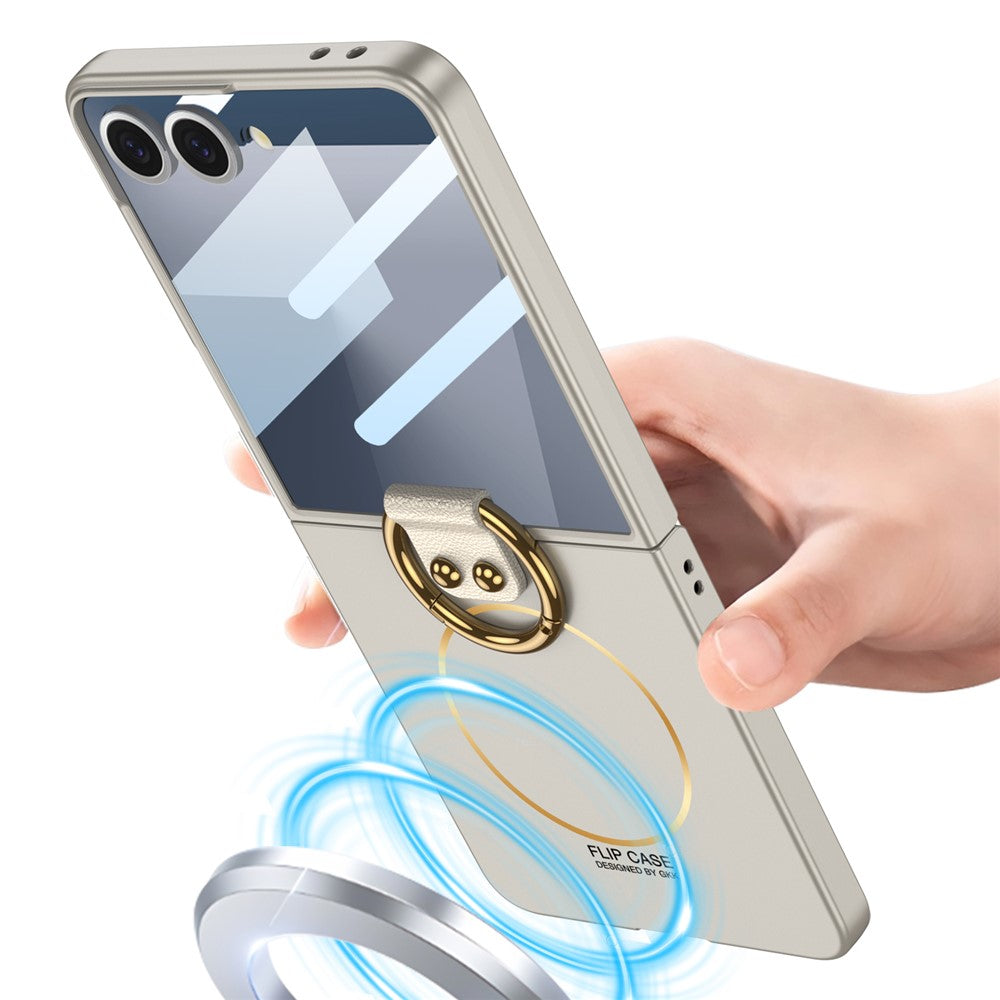 GKK For Samsung Galaxy Z Flip7 5G Magnetic Case PC + Tempered Glass Slim Phone Cover with Kickstand - Black