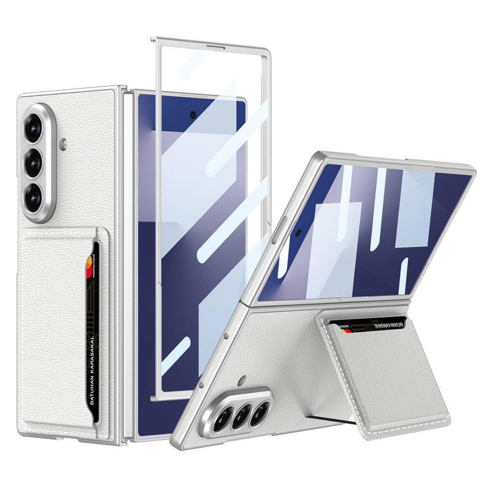 GKK For Samsung Galaxy Z Fold7 5G Phone Case Card Holder Kickstand PU Leather Back Cover with Screen Film - Silver