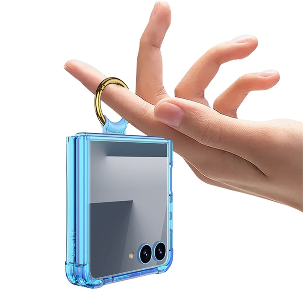 GKK For Samsung Galaxy Z Flip7 5G Case with Ring Kickstand Airbag Drop Proof TPU + Tempered Glass Phone Cover - Transparent Blue
