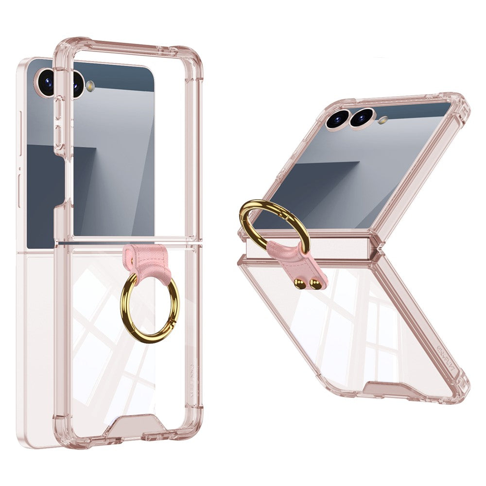 GKK For Samsung Galaxy Z Flip7 5G Case with Ring Kickstand Airbag Drop Proof TPU + Tempered Glass Phone Cover - Transparent Pink