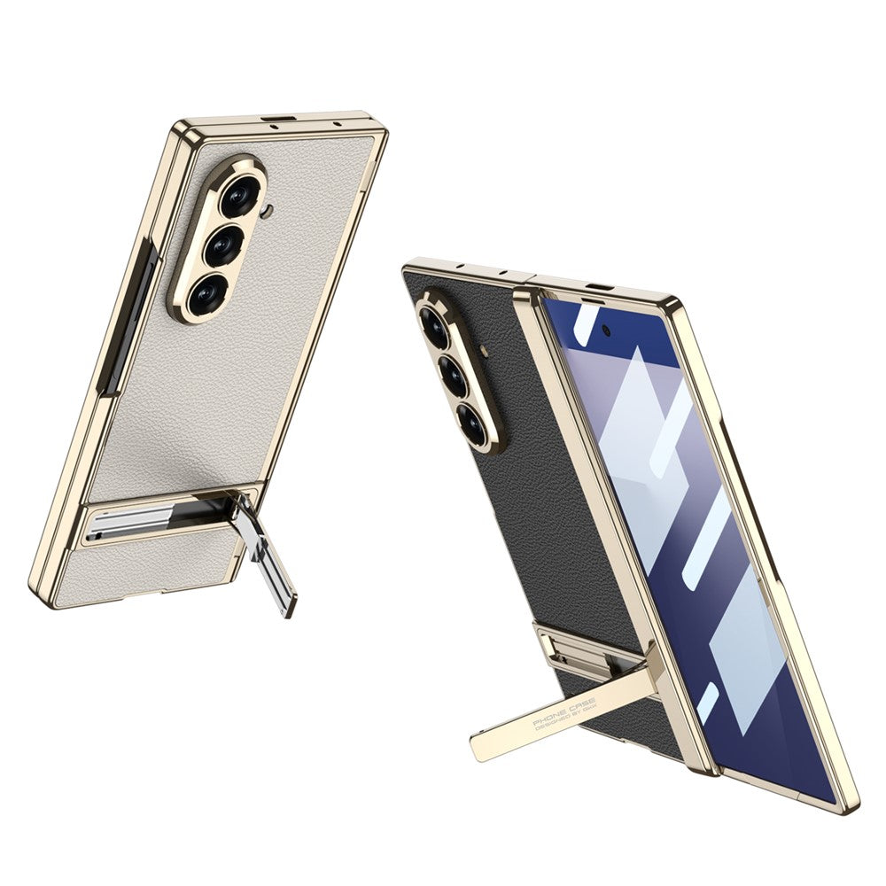 GKK For Samsung Galaxy Z Fold7 5G Kickstand Case Magnetic Hinge Protection PU + PC + Tempered Glass Phone Cover - White
