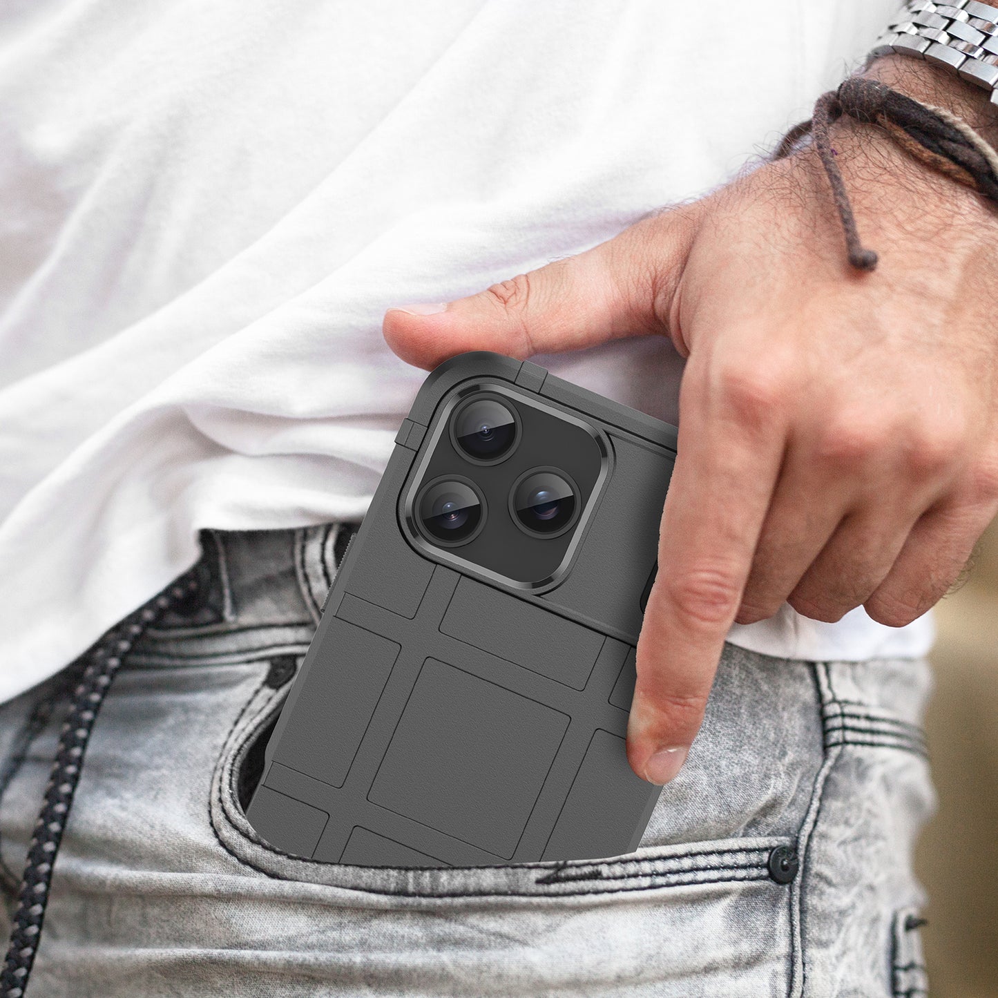 For iPhone 17 Pro Max Case with Screen Film WANLONFENG HD Series Grid Design Anti-Slip TPU Phone Cover - Black