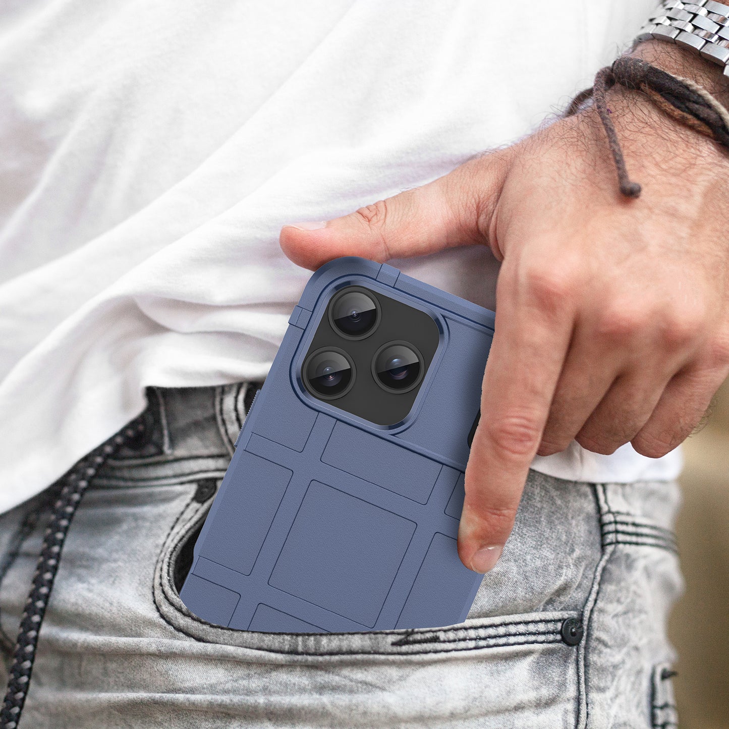 For iPhone 17 Pro Max Case with Screen Film WANLONFENG HD Series Grid Design Anti-Slip TPU Phone Cover - Blue