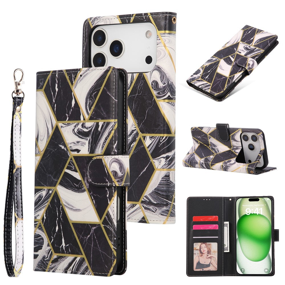 For iPhone 17 Pro Max Case Lacquered Marble Pattern Leather Phone Cover with Wrist Strap - Black