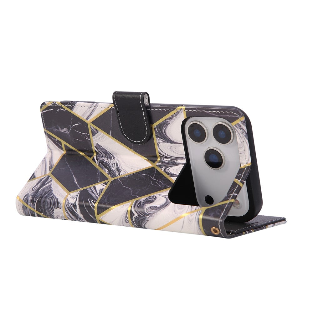 For iPhone 17 Pro Max Case Lacquered Marble Pattern Leather Phone Cover with Wrist Strap - Black