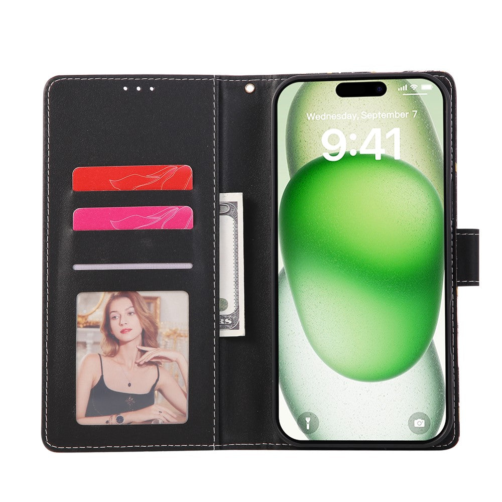 For iPhone 17 Pro Max Case Lacquered Marble Pattern Leather Phone Cover with Wrist Strap - Black