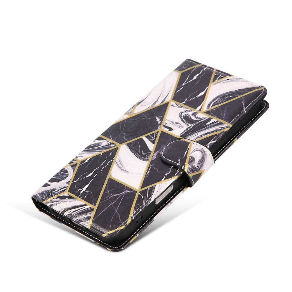 For iPhone 17 Pro Max Case Lacquered Marble Pattern Leather Phone Cover with Wrist Strap - Black