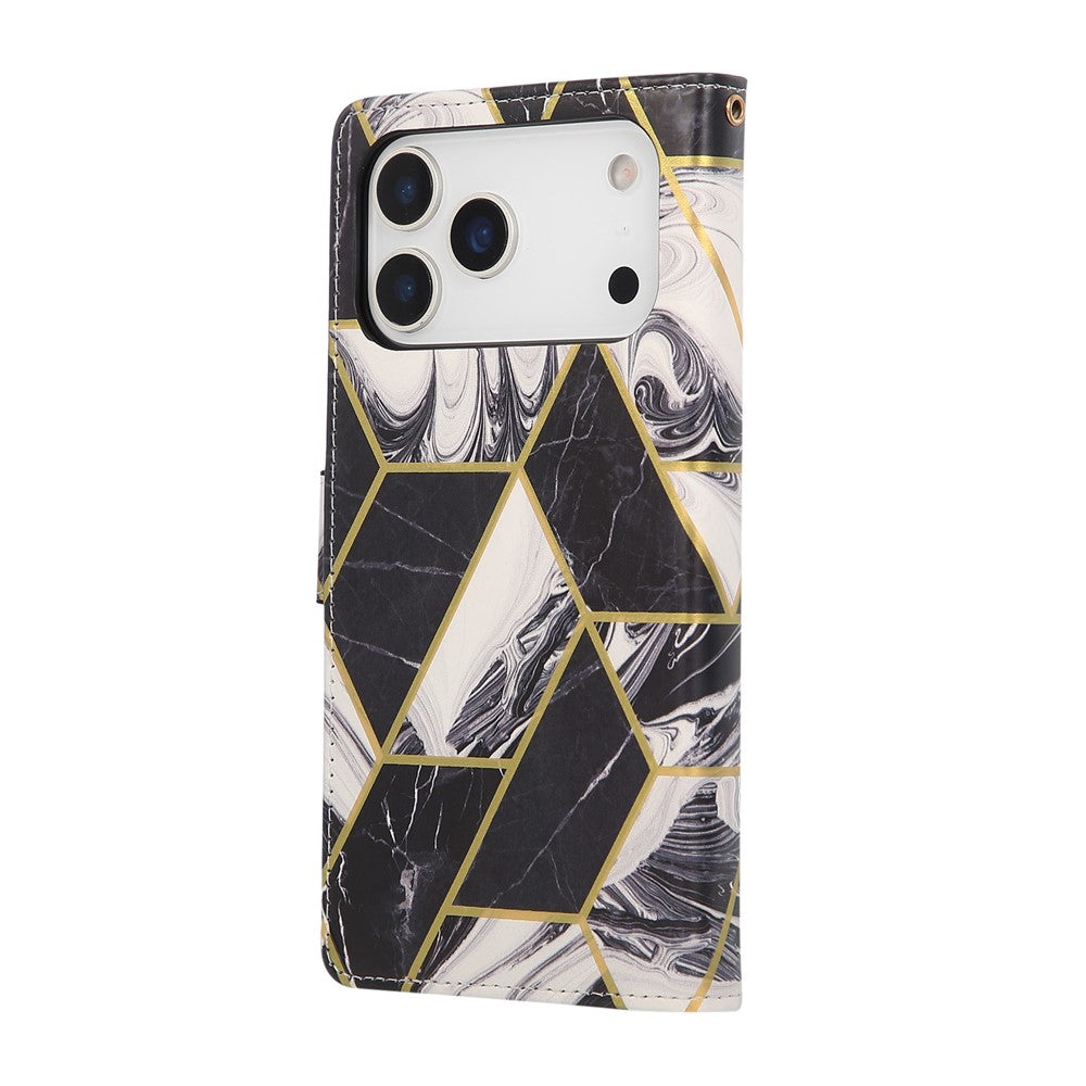 For iPhone 17 Pro Max Case Lacquered Marble Pattern Leather Phone Cover with Wrist Strap - Black