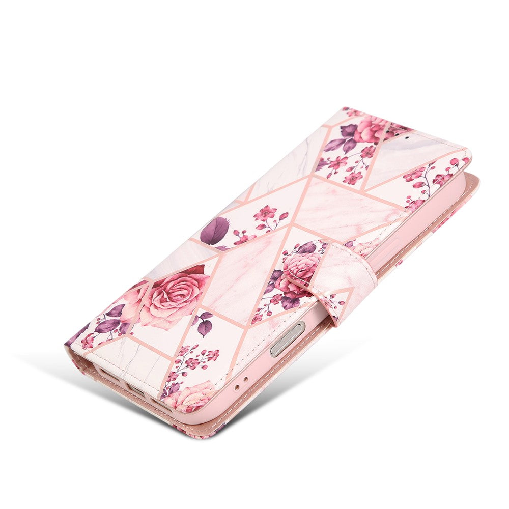 For iPhone 17 Pro Max Case Lacquered Marble Pattern Leather Phone Cover with Wrist Strap - Rose Gold
