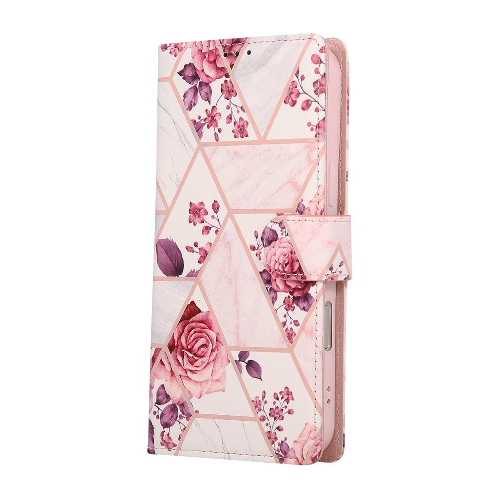 For iPhone 17 Pro Max Case Lacquered Marble Pattern Leather Phone Cover with Wrist Strap - Rose Gold