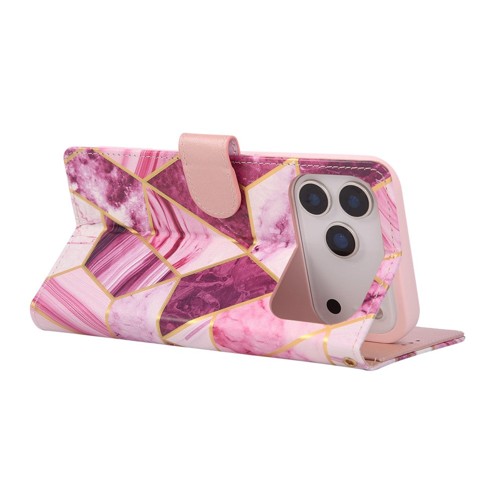 For iPhone 17 Pro Max Case Lacquered Marble Pattern Leather Phone Cover with Wrist Strap - Purple