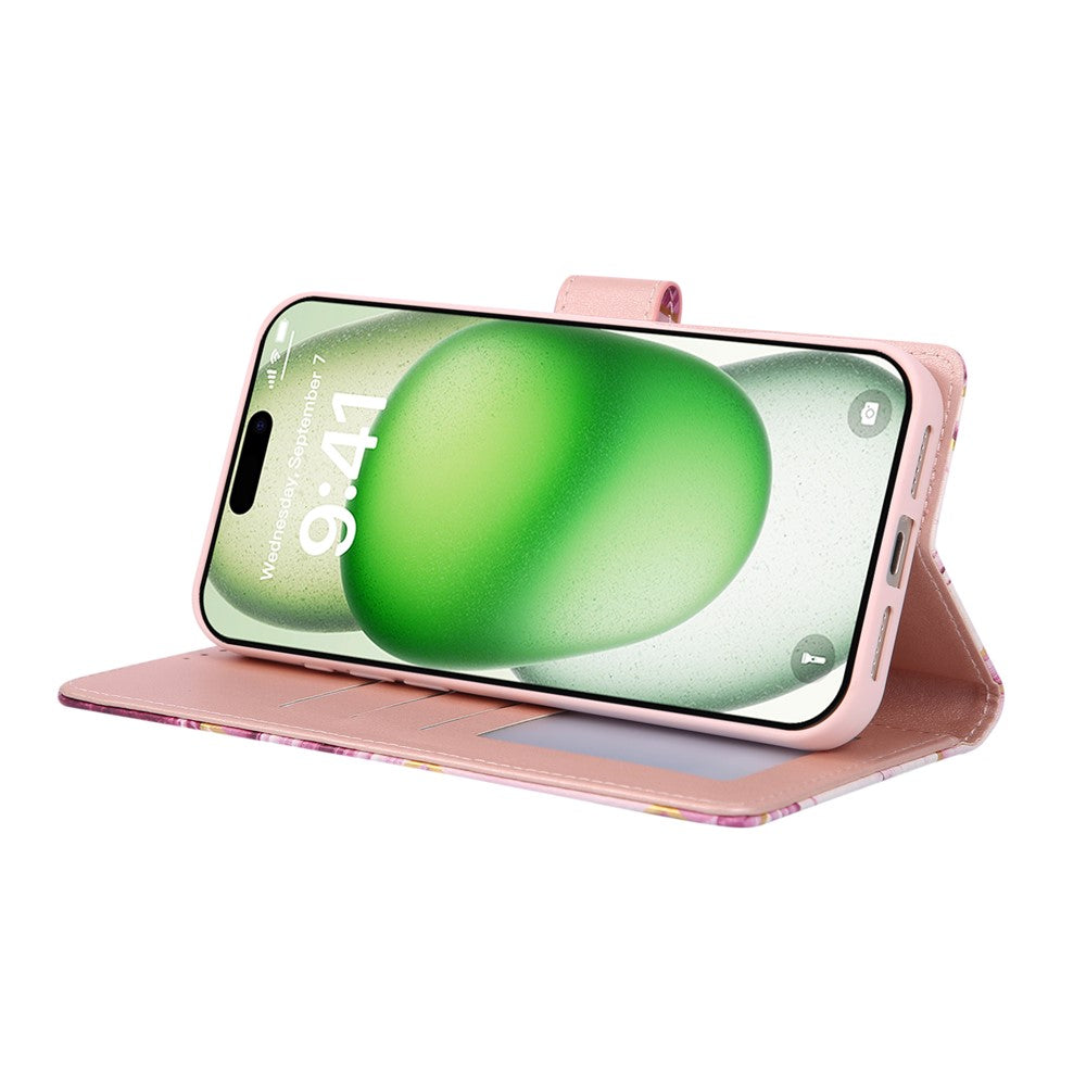 For iPhone 17 Pro Max Case Lacquered Marble Pattern Leather Phone Cover with Wrist Strap - Purple