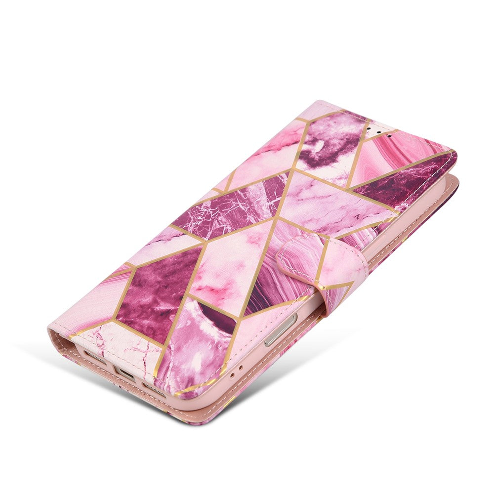 For iPhone 17 Pro Max Case Lacquered Marble Pattern Leather Phone Cover with Wrist Strap - Purple