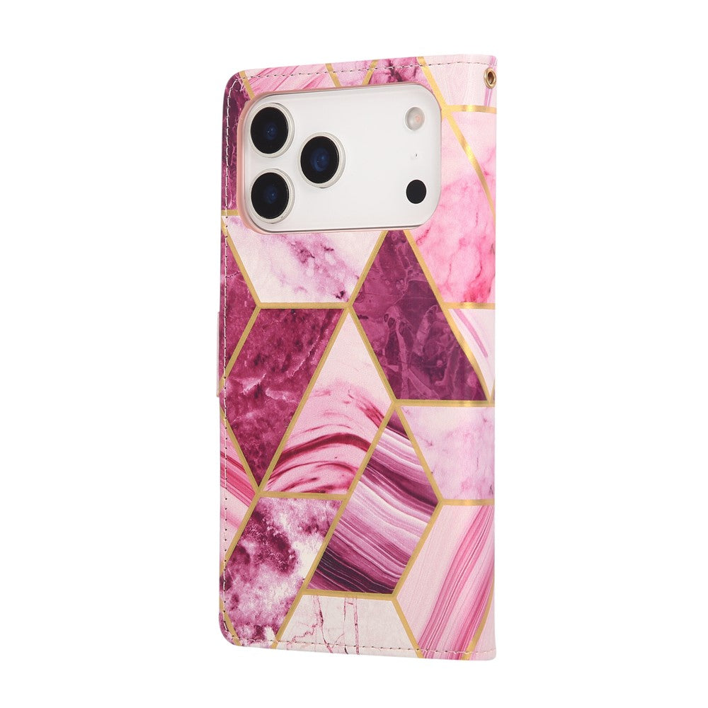 For iPhone 17 Pro Max Case Lacquered Marble Pattern Leather Phone Cover with Wrist Strap - Purple